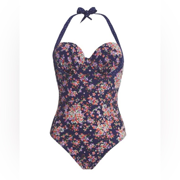 Midnight Grace One Piece Swimsuit – Size 36G, Vintage-Inspired Floral Halter - Picture 1 of 6